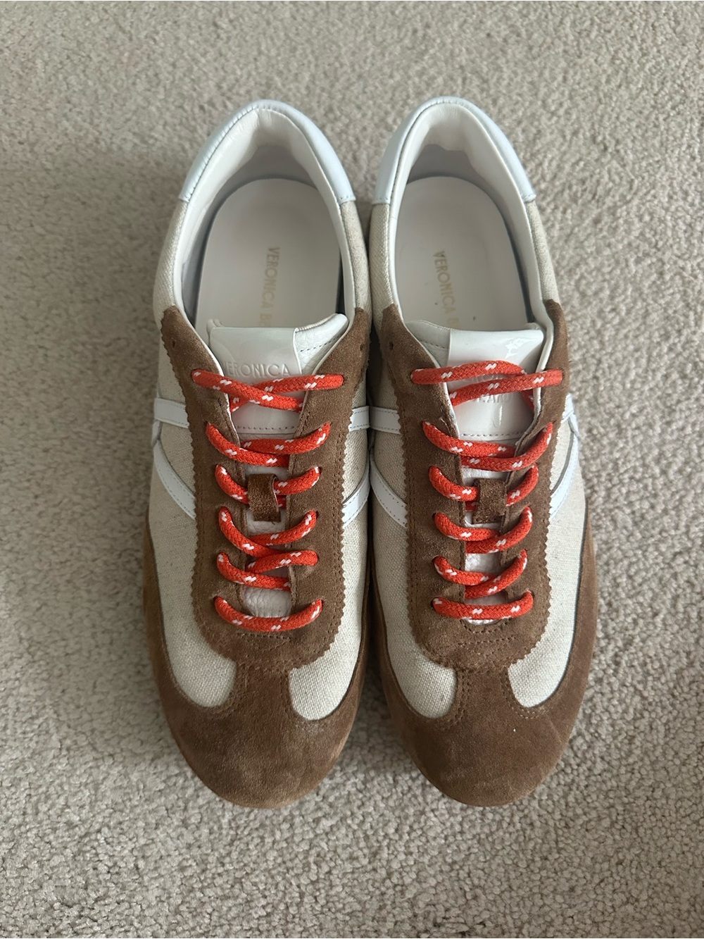 Veronica Beard Brown & White Suede Canvas Sneakers with Orange Laces